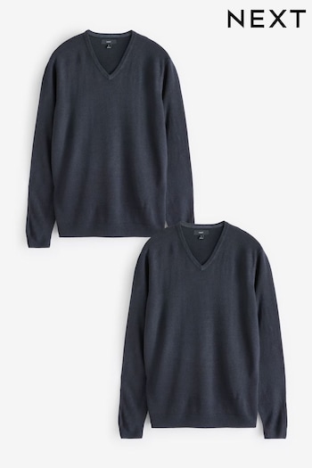 Navy Blue V-Neck Regular Soft Touch Jumpers 2 Pack (674807) | £36