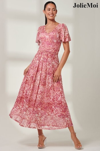 Jolie Moi Red Bianca V-Neck Pleated Mesh Maxi Dress (675287) | £85