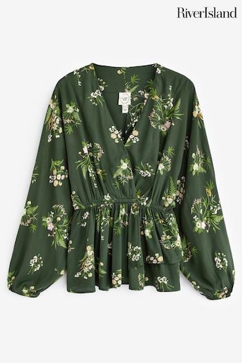 River Island Green Floral Wrap Waisted Top (676291) | £30