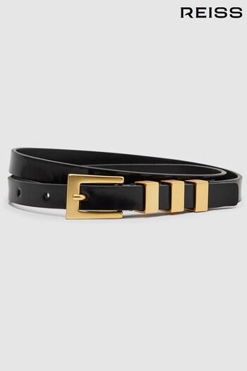 Reiss Black Amanda Leather Thin Buckle Belt (676560) | £68