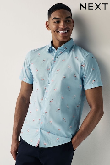 Light Blue Flamingo Regular Fit Short Sleeve Printed Short Sleeve Shirt (676964) | £30