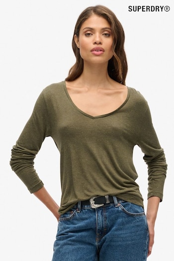 Superdry Khaki Metallic Long Sleeve V-Neck Jersey Top (677623) | £23