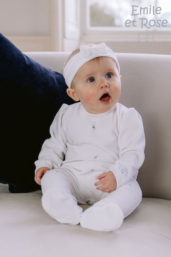Emile Et Rose White Velour All-In-One with Blue Rosebud Embroidery, Lace & Hairband (678254) | £39
