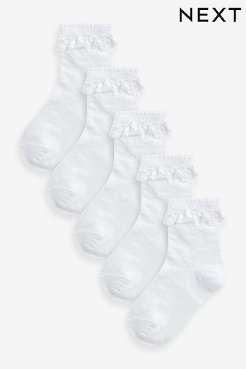 White 5 Pack Cotton Rich Heart Texture Ruffle Ankle Socks (679162) | £9 - £11