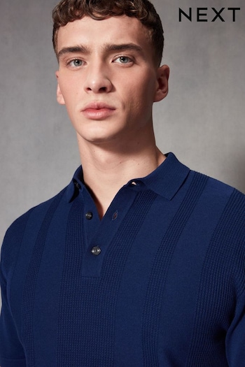 Blue Knitted Regular Fit Textured Stripe Polo Shirt (679530) | £28