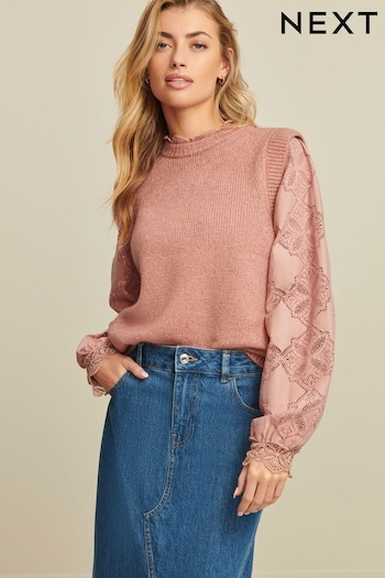 Blush Pink Lace detail Woven Sleeve Layer Jumper (680173) | £40