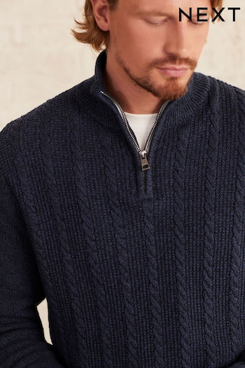 Navy Blue Regular Knitted Zip Neck Cable Jumper (681647) | £34