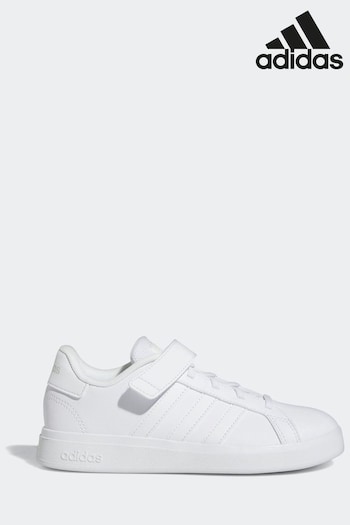 adidas stripe Triple White Sportswear Grand Court Elastic Lace And Top Strap Trainers (681732) | £28