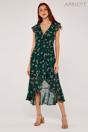 Apricot Green Botanical Ruffle Wrap Midi Dress (682177) | £36