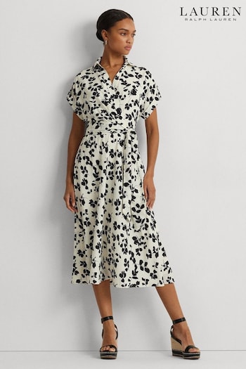 Lauren Ralph Lauren Cream Fratillo Leaf Print Belted Crepe Dress (682760) | £229