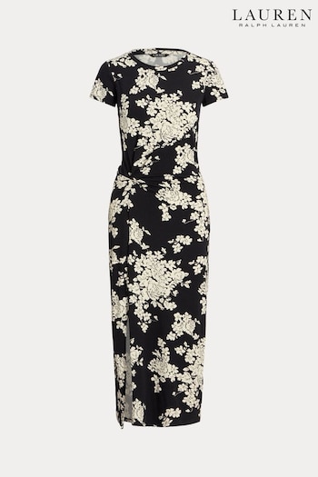 Lauren Ralph Lauren Syporah Floral Jersey Twist Front Midi Black floral-embroidered Dress (682780) | £219
