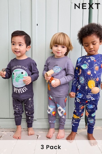 Navy/Grey Space 3 Pack Smiley Face Snuggle Pyjamas (9mths-8yrs) (682829) | £26 - £32