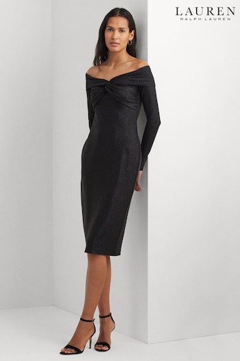 Lauren Ralph Lauren Keneia Metallic Off Shoulder Cocktail Black Dress (682952) | £319