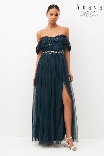 Anaya With Love Navy Blue Scatter Sequin Bardot Maxi Bridesmaid Dress With Thigh Split (683250) | £99