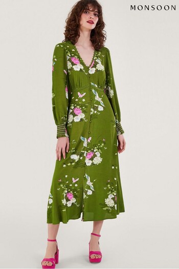Monsoon Green Drew Floral Print Tea Dress Poppy in Sustainable Viscose (683298) | £80