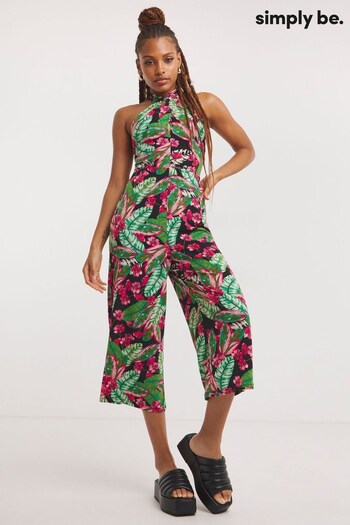 Simply Be Tropical Floral Print Halter Neck Black Jumpsuit (683361) | £18