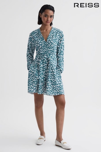 Reiss Teal/White Briella Belted V-Neck Long Sleeve Dress (683467) | £198