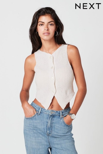 Ecru White Knitlook Ribbed Textured Jersey Waistcoat Top (683800) | £18