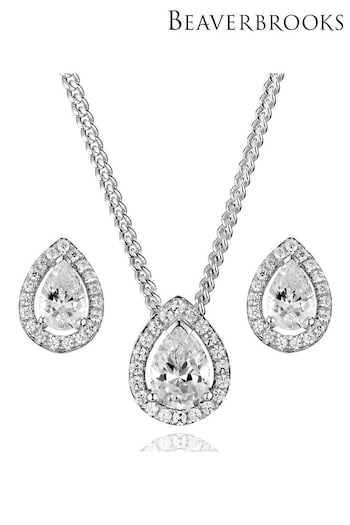 Beaverbrooks Sterling Cubic Zirconia Pear Pendant and Earrings Set (684059) | £95