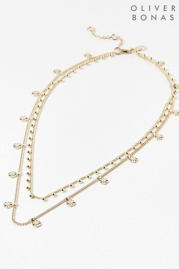 Oliver Bonas Gold Tone Maia Mini Flowers Double Row Layered Short Necklace (684356) | £24
