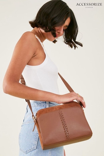 Accessorize Leather Double Zip Cross-Body Brown Bag (684609) | £45