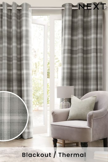 Grey Cosy Check Eyelet Blackout/Thermal Curtains (684757) | £100 - £215