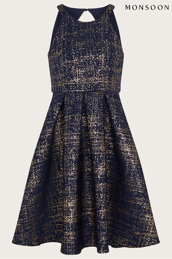 Monsoon Blue Foil Print Scuba Prom Dress (686257) | £50 - £55