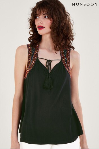 Monsoon Embroidered Tank Black Top in LENZING™ ECOVERO™ (686629) | £50