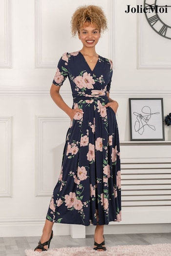 Jolie Moi Blue Daria Pleat Maxi Jersey Dress (687012) | £85