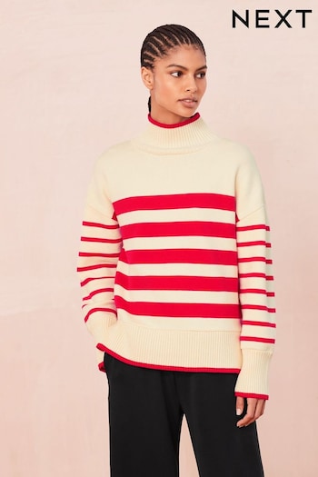 Red/Ecru Cream High Neck Stripe Cosy Knitted Jumper Long Sleeve Top (687514) | £32