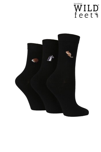 Wild Feet Black Woodland Animal Embroidered Crew Socks 3 PK (687678) | £14