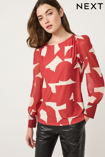 Red Geo Long Sleeve Crew Neck Cuff Blouse (688477) | £32