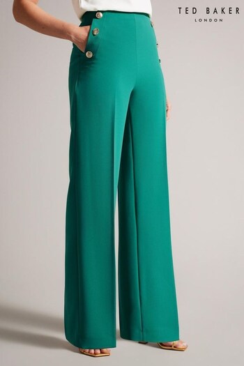 Ted Baker Llaylat Green High Waisted Wide Leg Twill Trousers (688695) | £150