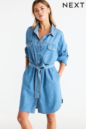 Mid Blue Belted Denim Shirt maniche Dress (688709) | £35