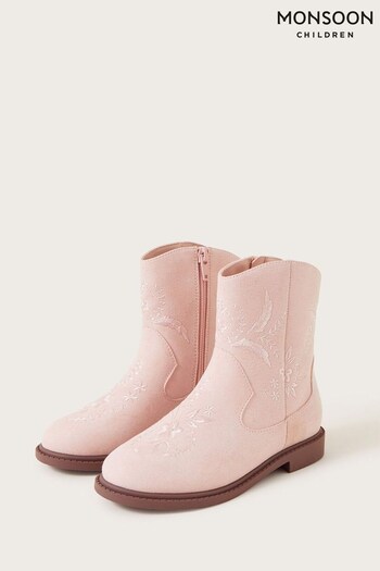 Monsoon Pink Suede Embroidered Floral Cowboy Boots ihr (689040) | £38 - £42