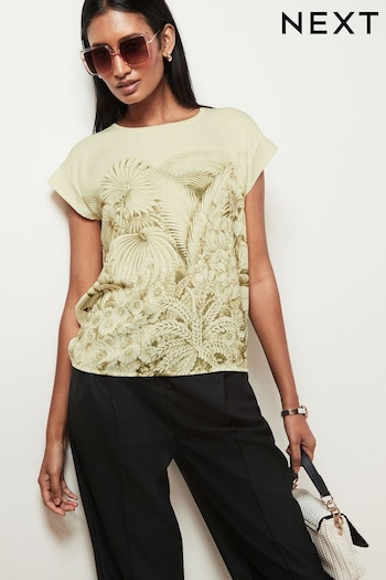 Ecru and Green Leaf Print Woven Mix Short Sleeve T-Shirt (689521) | £25