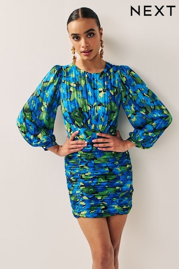 Blue/Green Sparkle Floral Long Sleeve Ruched Mini Dress (689579) | £48