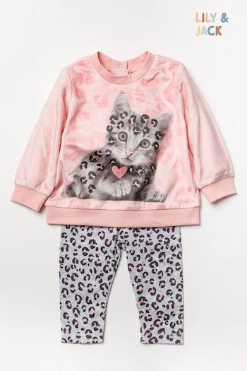 Lily & Jack Pink Cat Print Cotton 2-Piece Top and Trouser Set (689732) | £20