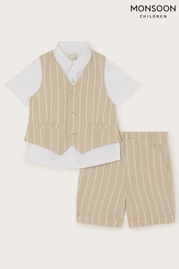 Monsoon Natural Cooper Stripe Smart Shirt Waistcoat and Short Set (690352) | £60 - £75