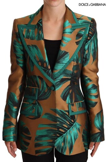 Dolce&Gabbana Brand New Green Leaf Print Brown Coat (691617) | £1,615