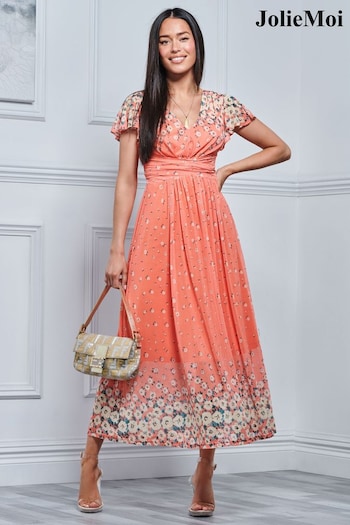 Jolie Moi Orange Mirrored Floral Print Mesh Maxi Dress (691654) | £95