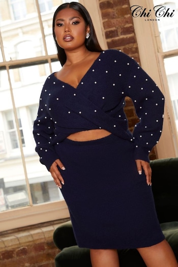 Chi Chi London Blue Curve Pearl Detail Twist Front Knitted Midi Dress (692052) | £62