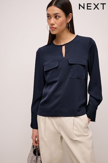 Navy Blue Utility Double Chest Pocket Long Sleeve Blouse (692206) | £36