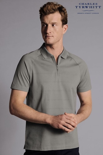 Charles Tyrwhitt Grey Golf Popcorn Textured Stripe Cool Zip Neck Polo Shirt (692320) | £65