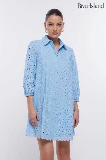 River Island Blue Puff Sleeve Shirt Dress D-LUKS-SHORT (692729) | £59