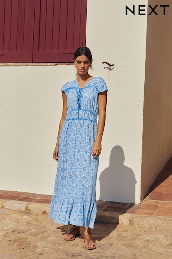 Blue Tile Print Tie Front Short Sleeve Maxi Embroidered Dress (692826) | £36