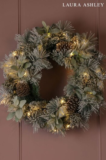 Laura Ashley Green/White Pre-Lit LED Flocked Berry & Pinecone 24" Christmas Wreath (692845) | £70