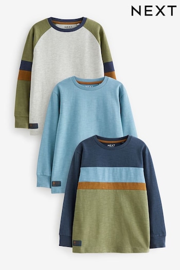 Khaki Green/Blue/Grey Long Sleeve Colourblock T-Shirts logo 3 Pack (3-16yrs) (692970) | £25 - £33