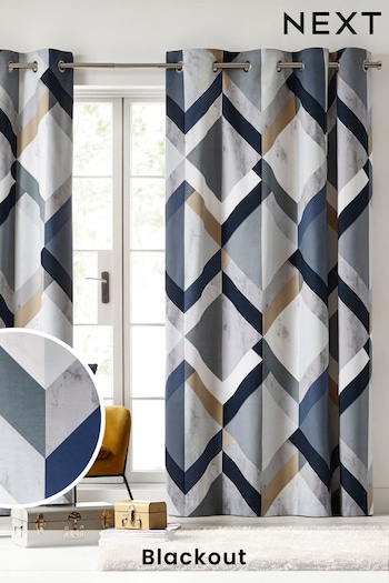 Navy Blue Overscale Marble Effect Geometric Blackout Eyelet Curtains (692972) | £50 - £110