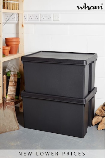 Wham Set of 2 Black Bam 96L Heavy Duty Plastic Recycled Boxes With Lid (693639) | £48